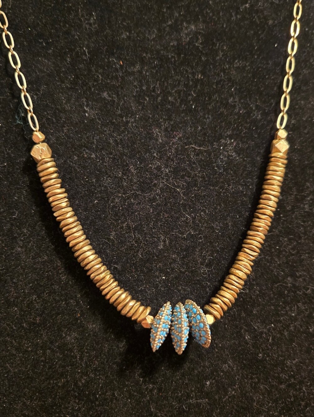 Vintage Turquoise Cluster Set Discs Pendant Gold Heishi Bead Chain Necklace